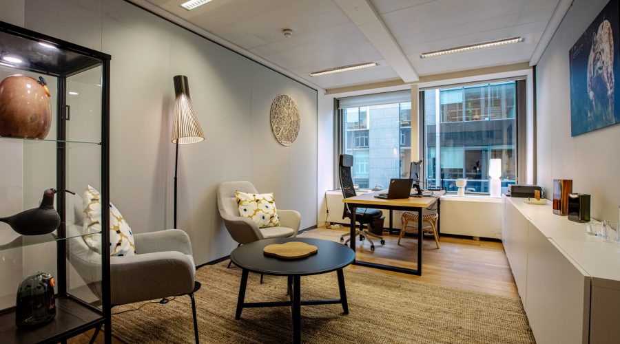 Häme EU Office, työhuone, pöytä, tuoli, nojatuoleja, sohvapöytä, lamppu, matto, tauluja, lasiesineitä, ikkuna, toimistotarvikkeita