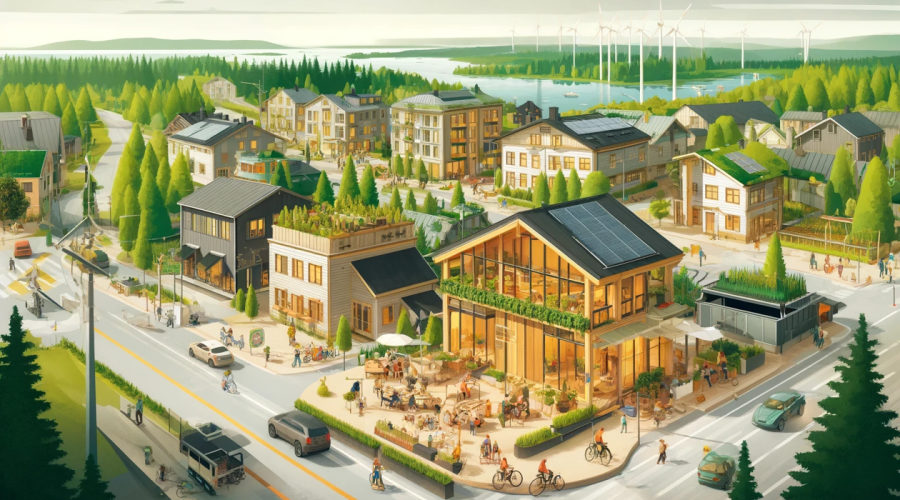 AI, tekoäly, maisema, kaupunkikuva, taloja, puutalot, katu, autoja, ihmisiä, piirroskuva