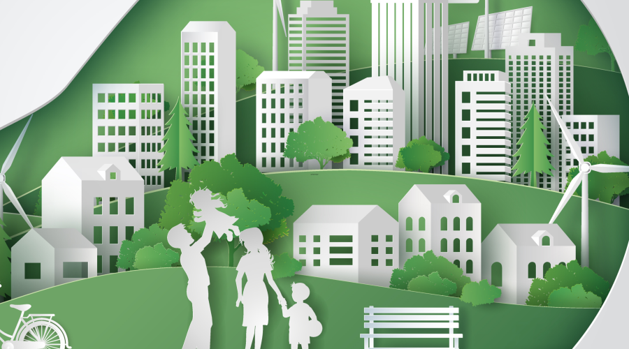 Future ECOS projektin pääkuva, AI, perhe, vihreä luonto, rakennuksia, piirroskuva