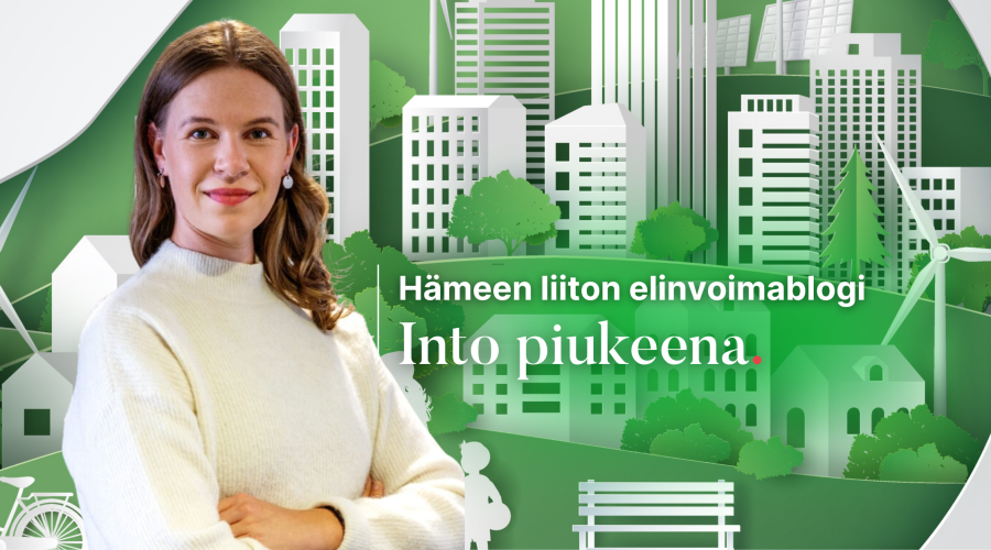 nainen, rakennuksia, vihreä, blogikuva