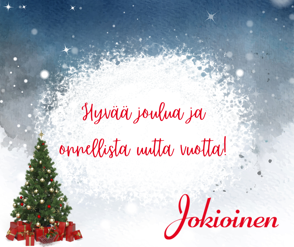 Jokioinen, joulukortti, piirretty joulukuusi, lunta